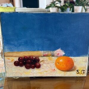 Blue Canvas Still Life Painting w/apricot & Grapes by S.G. Funky and great!9x12